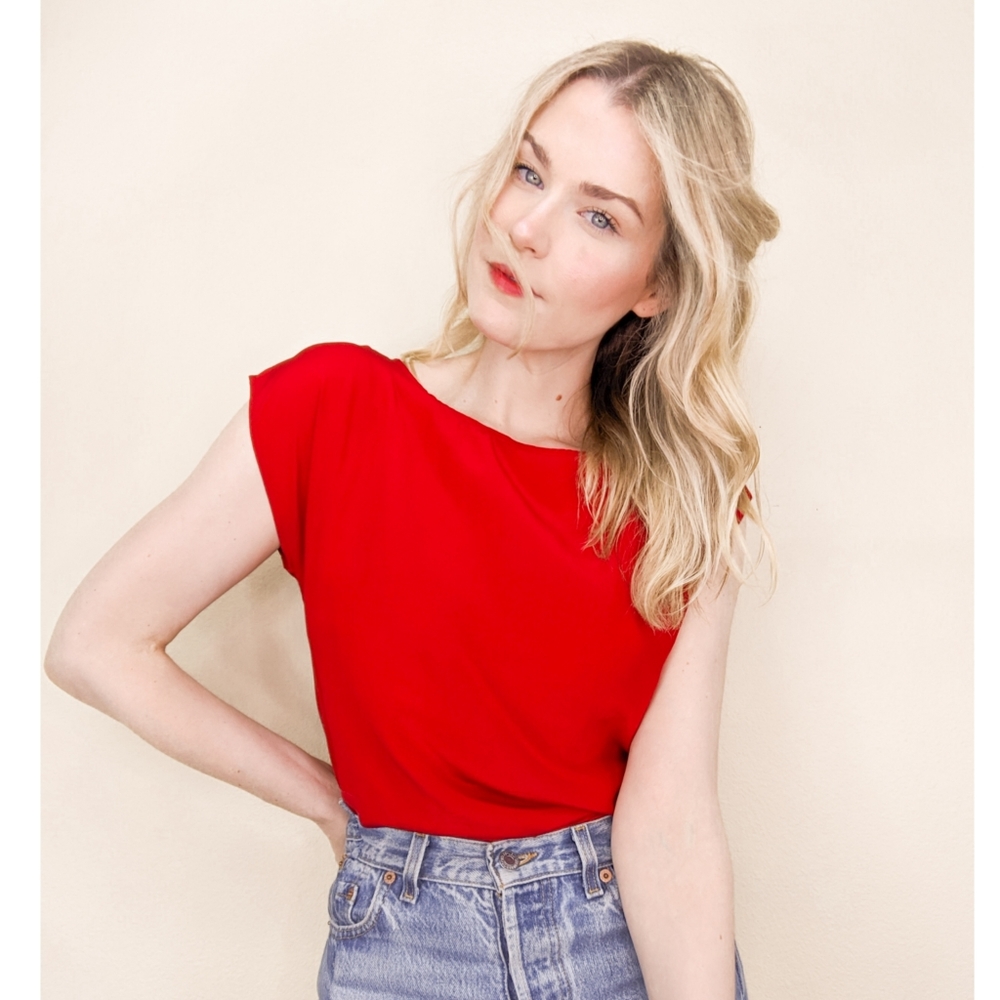 80s Red Silk Cap Sleeve Minimalist Blouse